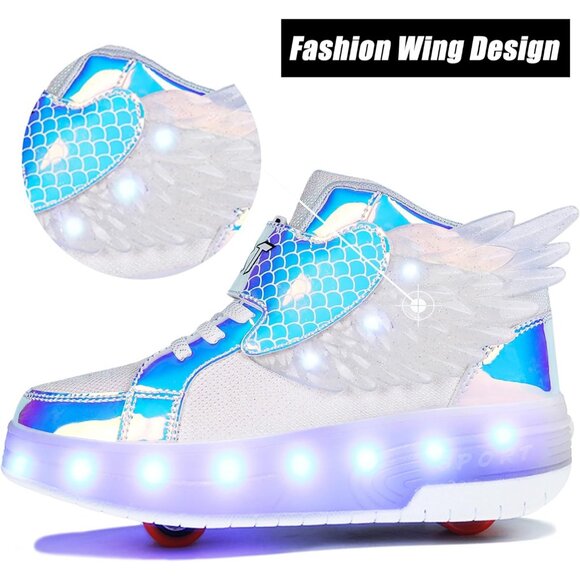 Kid's Girls Blue USB Chargable LED Lighting Roller Wheeled Skate Sneaker Shoes - Picture 2 of 7